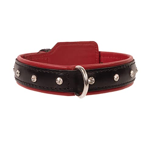 SiaLinda Premium Halsband aus Lamm und Rind Leder schwarz/rot mit Strass und D-Ring - Made in Italy - für Frauen und Männer - normale Länge
