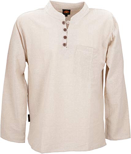 Guru-Shop Nepal Ethno Fischerhemd mit Kokosknöpfen, Goa Hemd, Herren, Creme, Baumwolle, Size:L, Männerhemden Alternative Bekleidung