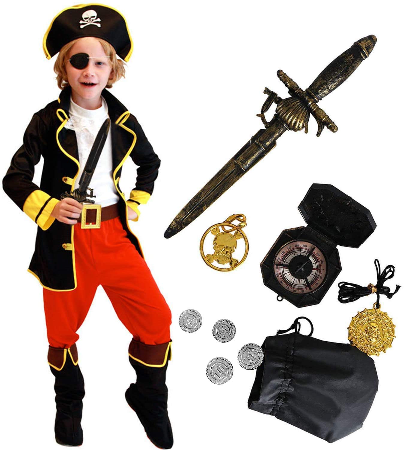 Tacobear Piratenkostüm Kinder mit Piraten Zubehöre Piraten Augenklappe Kompass Geldbeutel Ohrring Gold medasie Kinder Piraten Fancy Dress Halloween Karneval Kostüm für Kinder Jungen