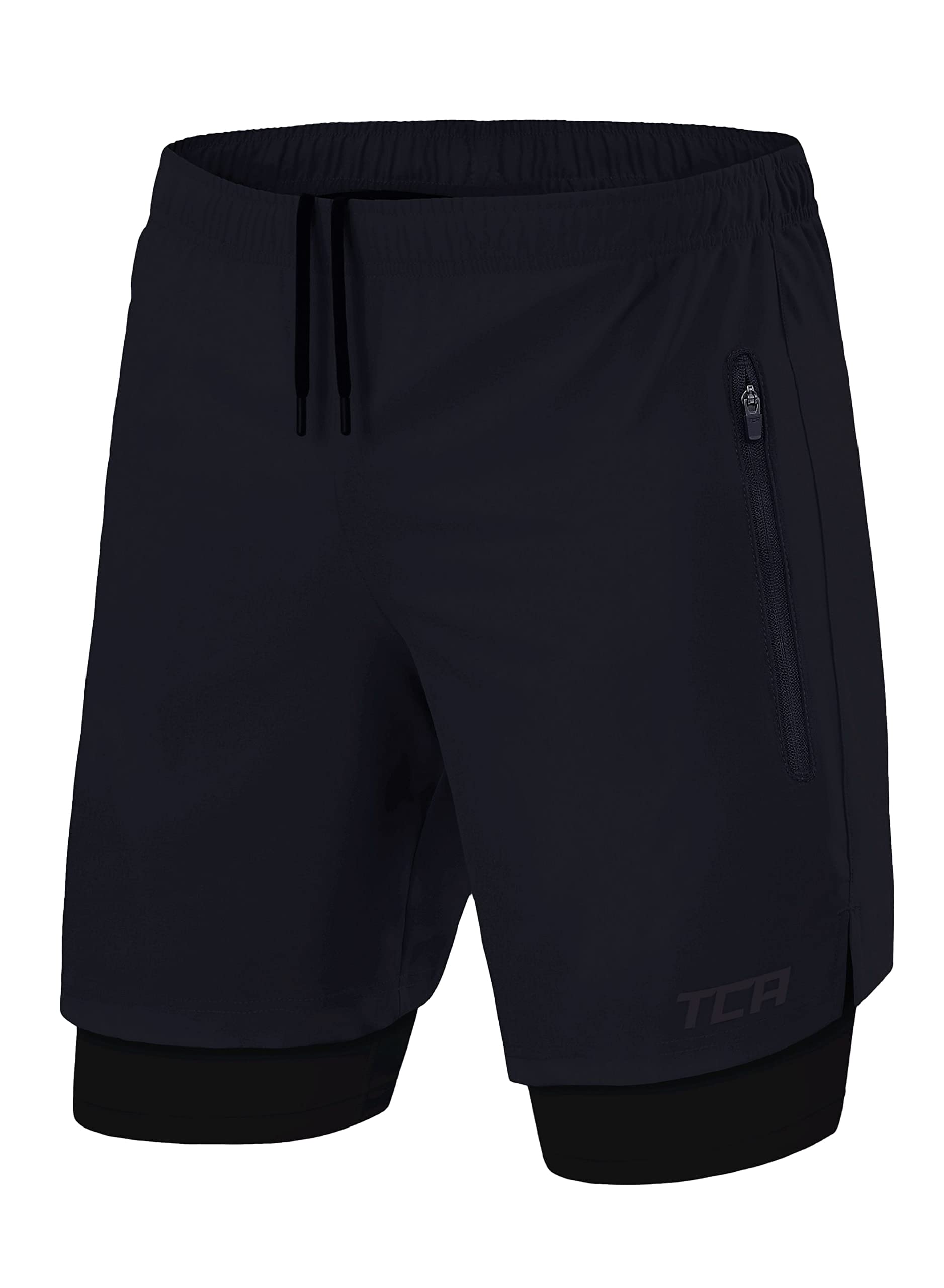TCA Ultra Laufhose Herren 2 in 1 Kurze Sporthose Trainingsshorts Laufshorts mit integrierter Kompressionshose und Reißverschlussfach - Dunkelblau/Schwarz (2X reißverschlusstasche), XXL