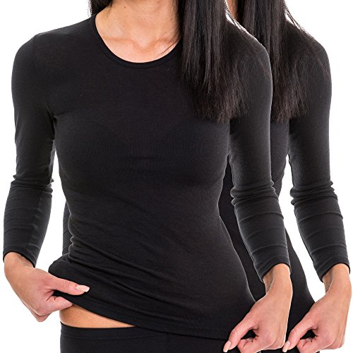 HERMKO 17830 2 Stück Damen Langarm Unterhemd, Shirt aus Baumwolle/Modal, Farbe:schwarz, Größe:48/50 (XL)