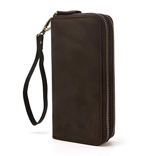 LUUFAN Echtes Leder Doppelreißverschluss Lange Brieftasche Große Kapazität Leder Clutch Wallets mit Handschlaufe (Braun 3)