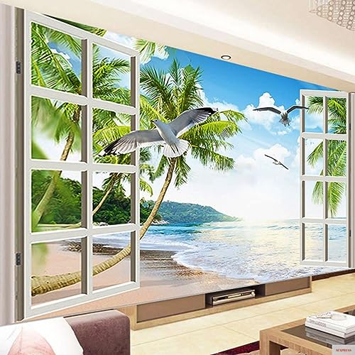 Trayosin DIY 5D Diamond Painting Strand, Fenster, Meer Baum Blauer Himmel, DIY Diamant Painting Bilder Erwachsene Groß xxl Landschaft Diamant Malerei Kit für Home Wand Dekor (120x50cm)