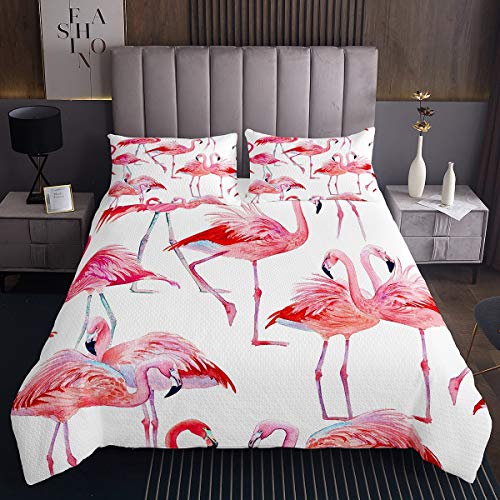 Mädchen Flamingo Steppdecke Tropische Flamingos Muster Tagesdecke 220x240cm für Kinder Frauen Schick Rosa Tier Bettüberwurf Vogel 3St