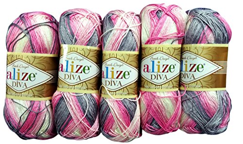 5 x 100 Gramm Alize Batik Wolle mehrfarbig mit Farbverlauf, 500 Gramm merzerisierte Strickwolle Microfiber-Acryl (rosa grau weiß 3245)