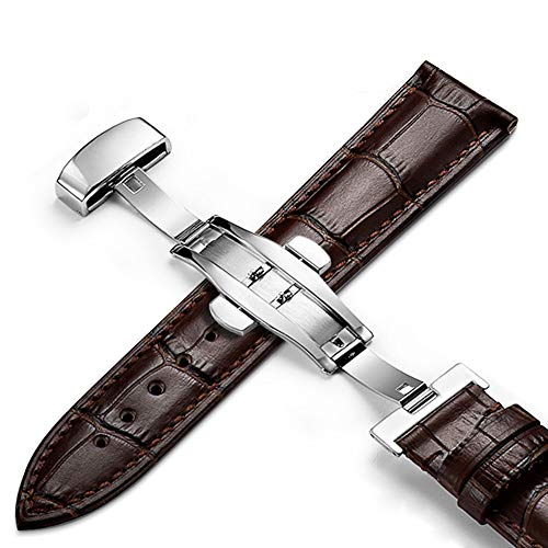 KATLY Leder Uhrenarmband, Uhrenarmbänder Lederarmband Ersatz-Watch Armband Mit Edelstahl Faltschließe Für Herren Damen（18-24mm）,brown-silver-24mm