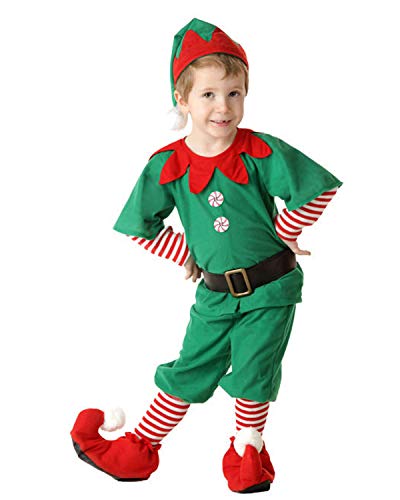 Yigoo Weihnachten Elfe Xmas Weihnachtself Kostüm Kinder Jungen Mädchen Weihnachtskostüm Outfit Kleid/Tops mit Hut Gürtel Strumpfhosen Set Herren 110
