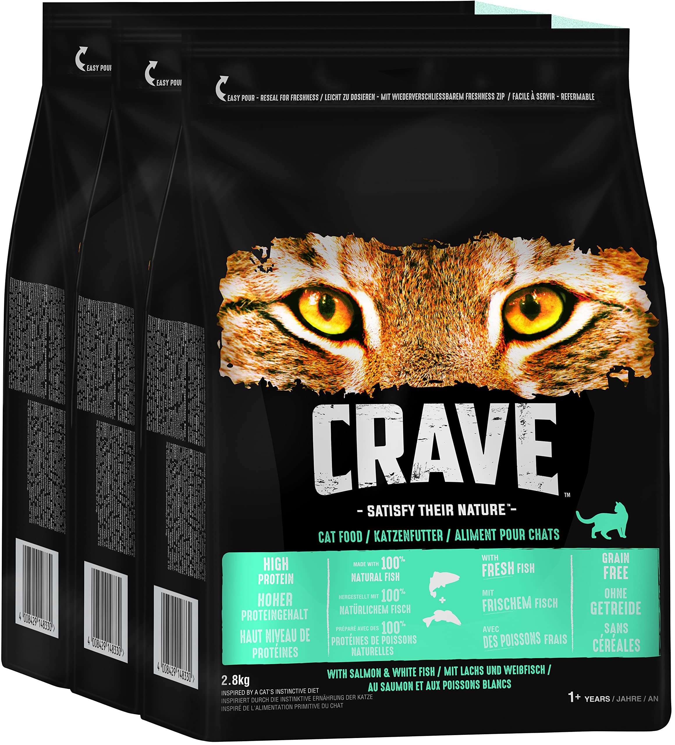 Crave Premium Trockenfutter mit Lachs & Weißfisch für Katzen – Getreidefreies Adult Katzenfutter mit hohem Proteingehalt –3 x 2,8 kg