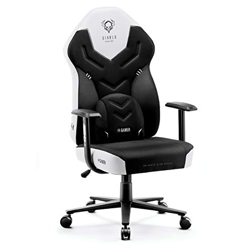 Diablo X-Gamer 2.0 Gaming Stuhl Bürostuhl Stoffbezug Ergonomisches Design Lendenwirbelkissen Softpadauflage (Schwarz-Weiß)