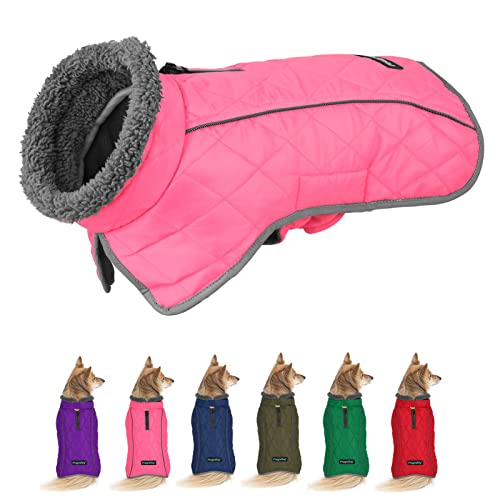Fragralley Hunde-Wintermantel, reflektierend, verstellbar, winddicht, Rollkragen-Kleidung, Hunde-Weste, warmes Fleece-Futter, Welpen-Schneemantel für kleine, mittelgroße und große Hunde (Rosa-3XL)