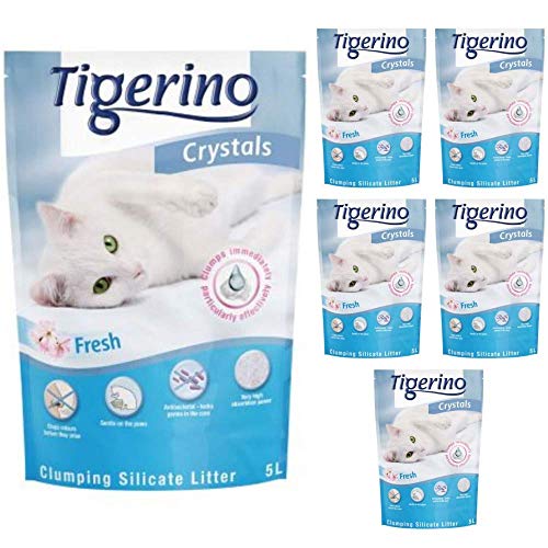 Tigerino Crystals Katzenstreu aus klumpendem Silicat, 30 l, Duft Babypuder, antibakteriell, Einweg- und hypoallergen, mit Geruchskontrolle, inkl. 4,5 cm Langer Katzenminze-Ball