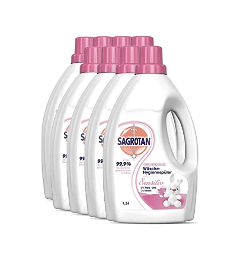 Sagrotan Wäsche-Hygienespüler Sensitiv – Desinfektionsspüler für hygienisch saubere und frische Wäsche – 8 x 1,5 l Reiniger im praktischen Vorteilspack