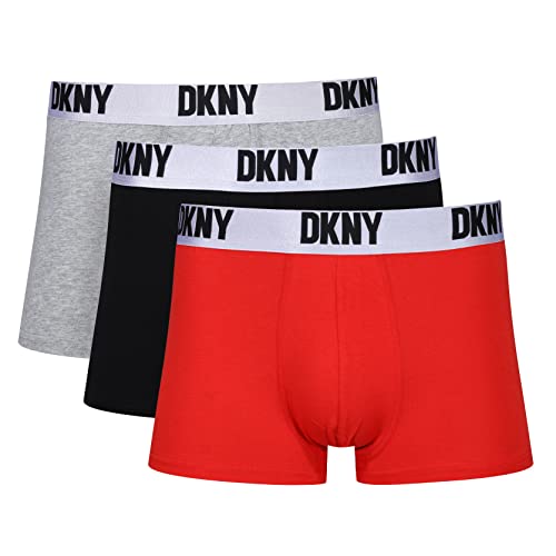DKNY Men's Black/Red/Grey with White Contrast Cotton Blend Waistband Boxer Shorts, XL (3er Pack)