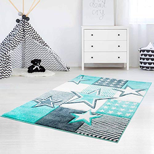 carpet city Kinderteppich Flachflor Bueno Sterne Muster Mint Türkis Konturenschnitt Glanzgarn Kinderzimmer; Größe: 140x200 cm