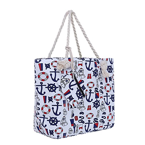 Große Strandtasche mit Reißverschluss 58 x 38 x 18 cm maritimes Design Schiff weiß blau rot Shopper Schultertasche Yacht Style