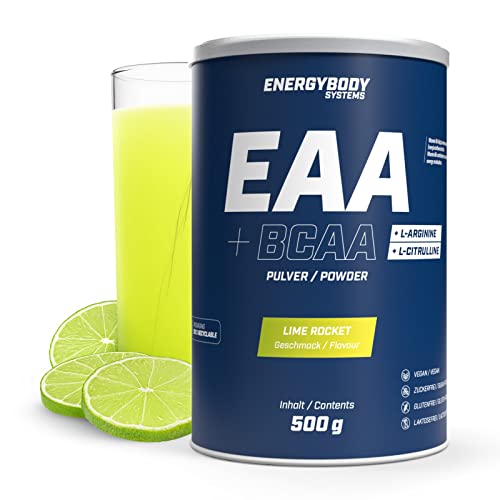 Energybody EAA + BCAA Pulver Drink mit L-Arginin und L-Citrullin, alle 8 essentielle Aminosäuren, Vitamin B6, zuckerfrei, glutenfrei, laktosefrei, vegan, 500 g, Lime Rocket Geschmack