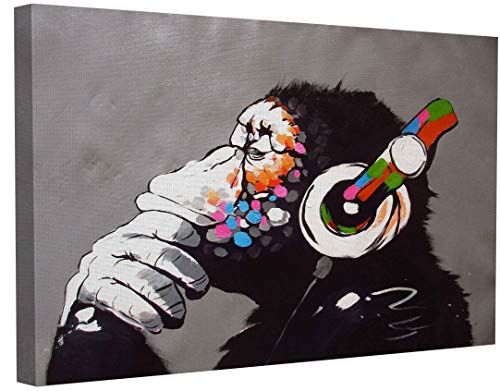 Banksy Bilder Leinwand DJ Monkey Graffiti Street Art Leinwandbild Fertig Auf Keilrahmen Kunstdrucke Wohnzimmer Wanddekoration Deko XXL (80x140cm(31.5x55.1inch))