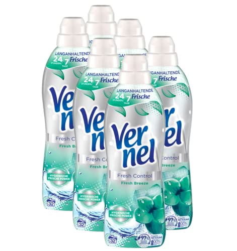 Vernel Fresh Control Fresh Breeze Weichspüler (6x32 Waschladungen), Wäscheduft für 24/7 langanhaltende Frische mit Geruchs-Neutralisierungs-Technologie, recycelbare Flasche 