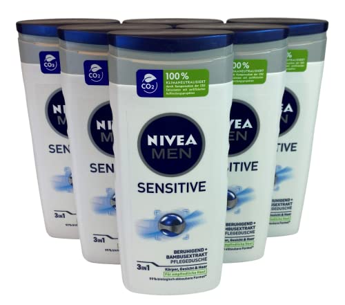 NIVEA MEN Sensitive Pflegedusche (6x250 ml), NEUE FORMEL, erfrischendes und pflegendes Duschgel mit Bambusmilch, feuchtigkeitsspendende Dusche für empfindliche Männerhaut, 99% biologisch abbaubar