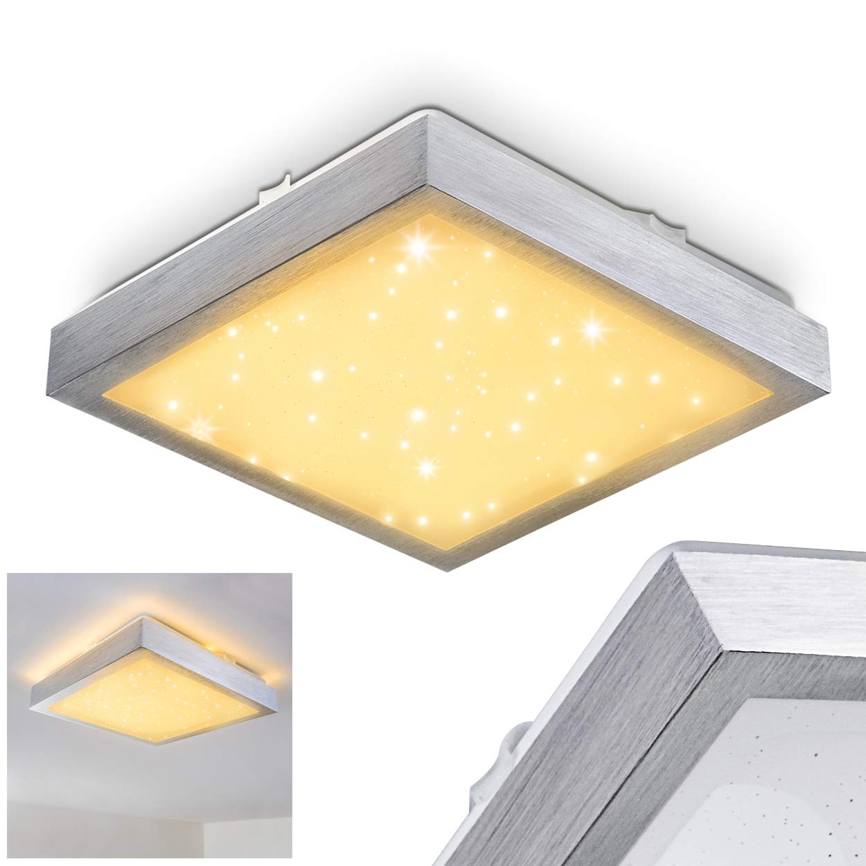 LED Deckenleuchte Sora, eckige aus Metall in Silber mit Sternenhimmel-Optik, 12 Watt, 900 Lumen, Lichtfarbe 3000 Kelvin (warmweiß), IP44, auch für das Badezimmer geeignet