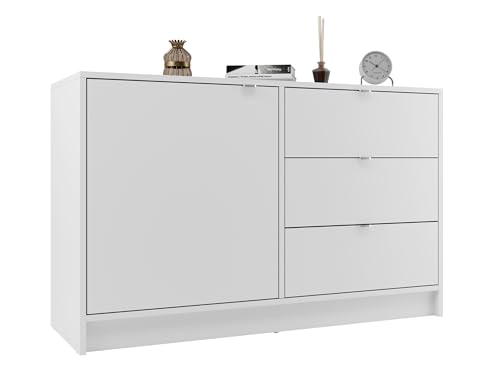 Mirjan24 Kommode Vinxor 1D3SZ mit 3 Schubladen und Tür, Schubladenkommode, Highboard, Anrichte, Sideboard, Mehrzweckschrank, Wohnzimmerschrank (Weiß)