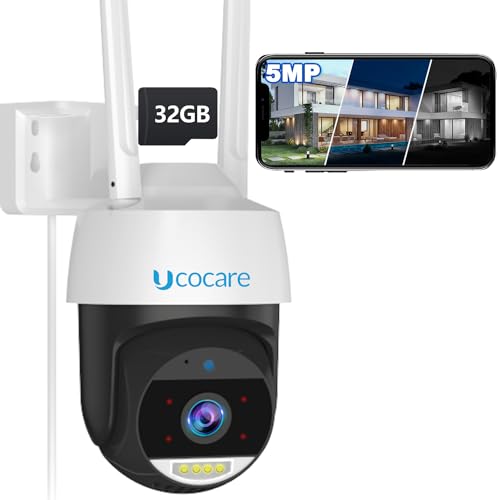 UCOCARE Kamera Überwachung Aussen, 5MP Überwachungskamera Aussen WLAN, Intelligente Mensch/Fahrzeug Erkennung, Farbige Nachtsicht, Zwei-Wege-Audio, 32G SD-Karte