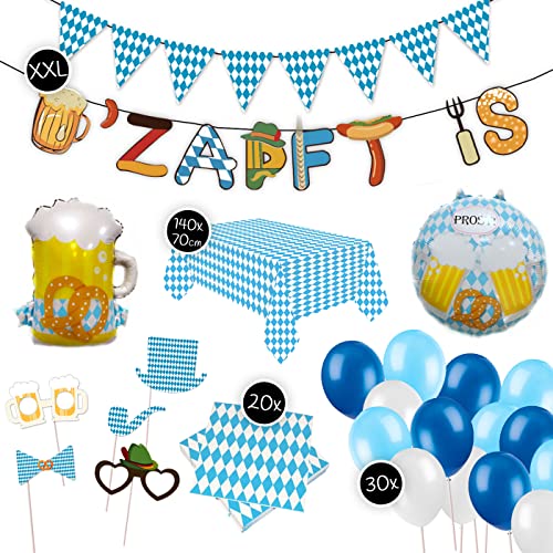 TEDORU XXL Deko Set im Bayern-Stil | Wimpel-Kette + Girlande + 2 XXL Folienluftballons + 30 Luftballons + Tischdecke + 20 Servietten + Foto-Requisiten-Set