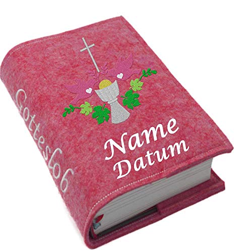 Gotteslob Gotteslobhülle Hülle Kelch pink Filz mit Namen bestickt Einband Umschlag personalisierte Gesangbuchhülle, Farbe:pink meliert