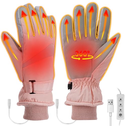 Luckits USB Beheizte Handschuhe für Männer Frauen, Wasserdicht Winterhandschuhe Warme Touchscreen Handschuhe mit 3 Einstellbare Temperatur Thermalsporthandschuhe für Laufen Skifahren Wandern (Rosa)