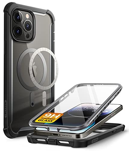 i-Blason Ares Mag Series Hülle für iPhone 14 Pro (6.1") 2022, Bumper Case Transparent Handyhülle mit integrierte Displayschutzfolie aus Gehärtetem Glas Kompatibel mit MagSafe (Schwarz)