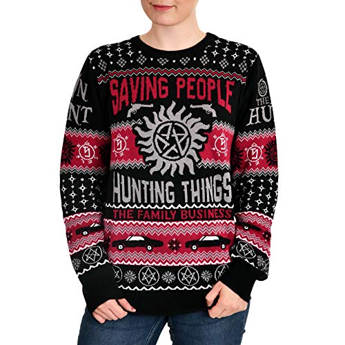 Elbenwald Supernatural Strick Pullover Saving People Hunting Things Christmas Sweater schwarz rot weiß - XXL