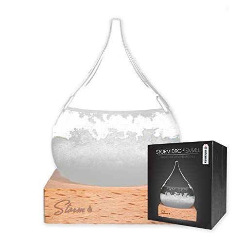 mikamax - Wettervorhersage Glas - Storm Glass Drop Mini - Barometer - Wetterstation - mit Hölzer Stand - Maße 8 x 8 x 13,5 cm - Geschenk für Männer und Frauen