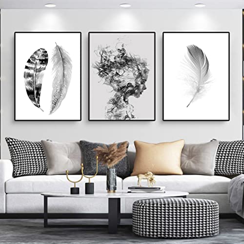 Trayosin 3er Set Design-Poster Set, Moderne Schwarz Weiß Wandbilder, Feder Mädchen Ohne Rahmen Wandbild Print Bilder, Leinwand Kunstposter Schwarz und weiß Feder für Wohnzimmer Deko (50x70cm)