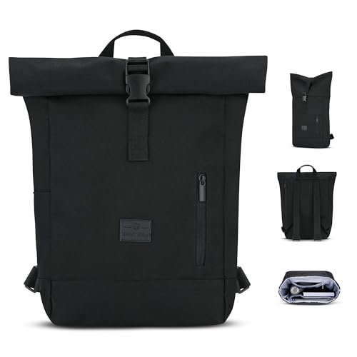 Johnny Urban Rucksack Damen & Herren Klein Schwarz - Robin Small - Kleiner Rolltop Daypack mit 12 Zoll Laptopfach - Tagesrucksack für Uni City Business - Wasserabweisend