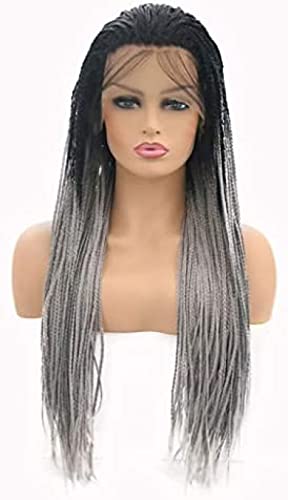 Synthetische Lace Front Schwarz Bis Grau Geflochten Für Frauen Ombre Grey Hitzebeständige Lace Front 150 Density Micro Braids Perücke,26 Zoll,Constructive23