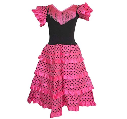 La Senorita Spanische Flamenco Kleid/Kostüm - für Mädchen/Kinder - Rosa/Schwarz - Größe 128-134 - Länge 85 cm/für 7-8 Jahr