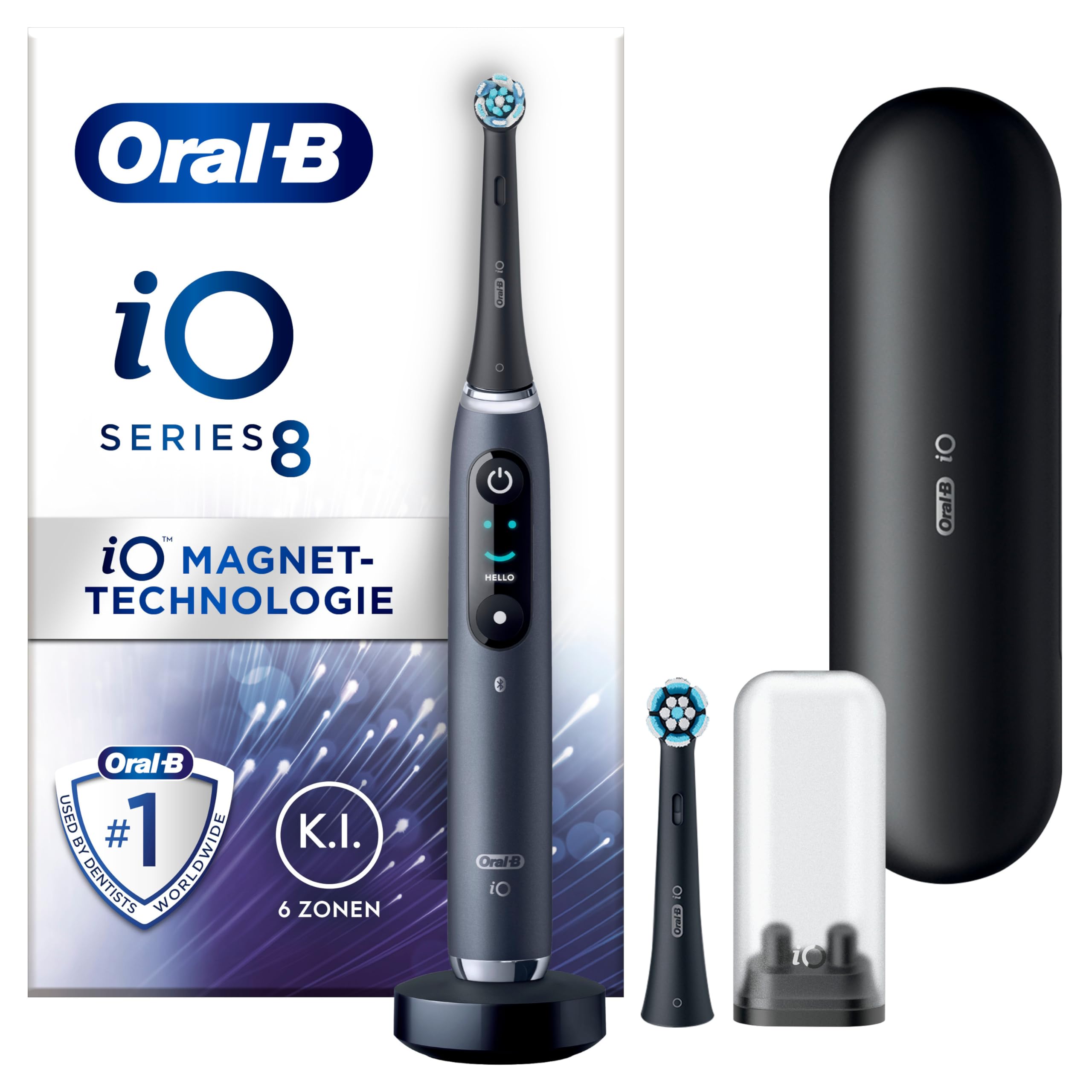 Oral-B iO Series 8 Elektrische Zahnbürste/Electric Toothbrush, 2 Aufsteckbürsten, 6 Putzmodi für Zahnpflege, Farbdisplay & Reiseetui, Designed by Braun, black onyx