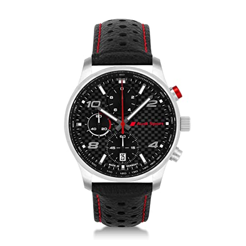 Audi 3102200600 Chronograph Carbon Sport Armbanduhr Leder Uhr Herren, schwarz/Silber/rot
