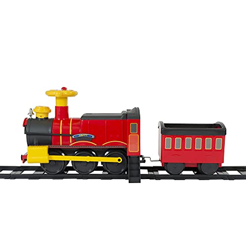ROLLPLAY Elektro Zug Steam Train mit Anhänger (Kinderfahrzeug zum draufsitzen, Eisenbahn stößt Wasserdampf aus, Dampflok inkl. Schienen-Set Länge 7,3 m, für Kinder) 26311