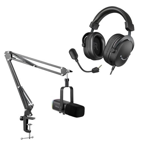 FIFINE USB XLR Streaming Mikrofon mit Arm und Gaming Headset, Dynamisch Microphone und Over Ear Kopfhörer mit Kabel, für Mixer Soundkarten Podcast Studio MacOS Windows PS4 PS5 Xbox Switch (AM8T+H9)
