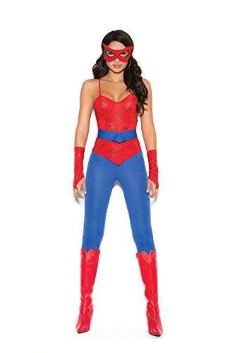 EM9140 Spider-Superheld, 5-teiliges sexy Damenkostüm mit Cami-Top, Hose, Gürtel, Maske und fingerlosen Handschuhen, rot / blau, L