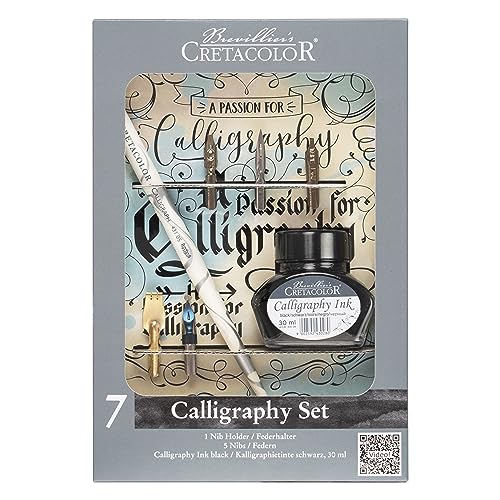 CRETACOLOR Kalligraphie-Set, 7-teilig, 5 verschiedene Federn, inkl. Tinte, für Kalligraphie und Schönschreiben, kompaktes Set für Künstler