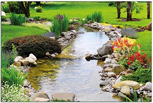 Wallario Garten-Poster Outdoor-Poster - Blumen am Teich in Premiumqualität, Größe: 61 x 91,5 cm, für den Außeneinsatz geeignet