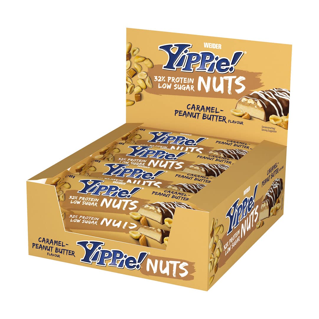 Weider Yippie Nuts Protein Bar Eiweißriegel, Caramel-Peanut Butter, 12 Stück á 45 g, mit echten Nüssen!