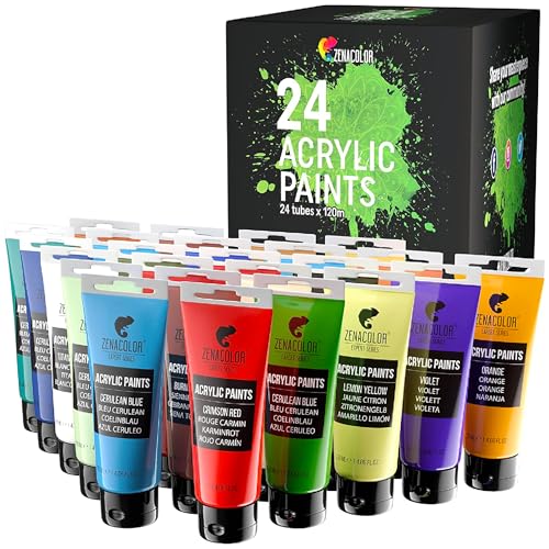 Zenacolor - Set mit 24 Acrylfarben - 24 Tuben 120ml, 24 Farbtöne, Farbe für Holz, Leinwände, Bastler-/Künstlerbedarf, für Erwachsene
