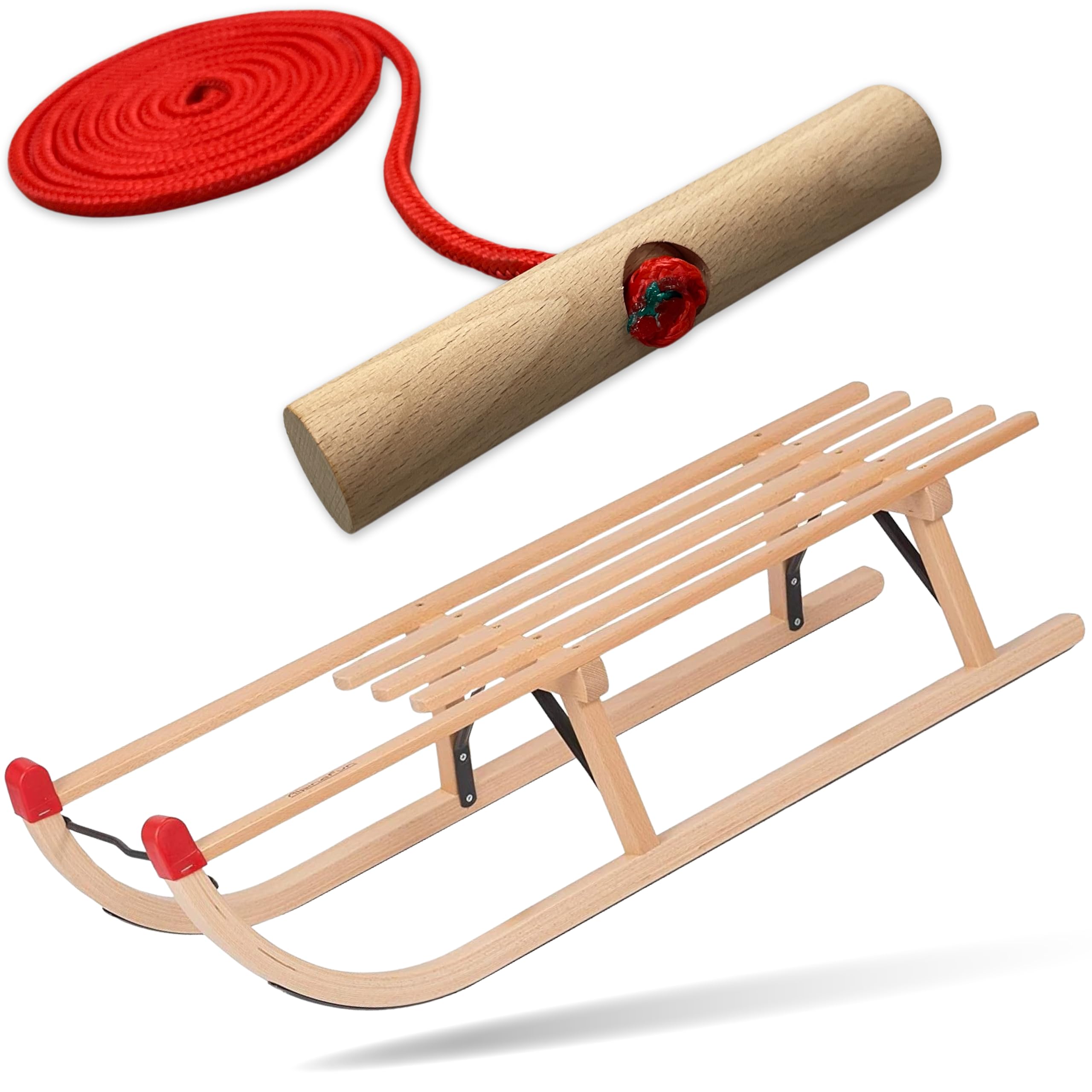 Explorer Colint Holz Holzschlitten mit Rückenlehne für Kinder ab 1 Jahr und Erwachsene und Erwachsene Set Schlitten Davos mit Leine in Rot 100cm Alpina Fun