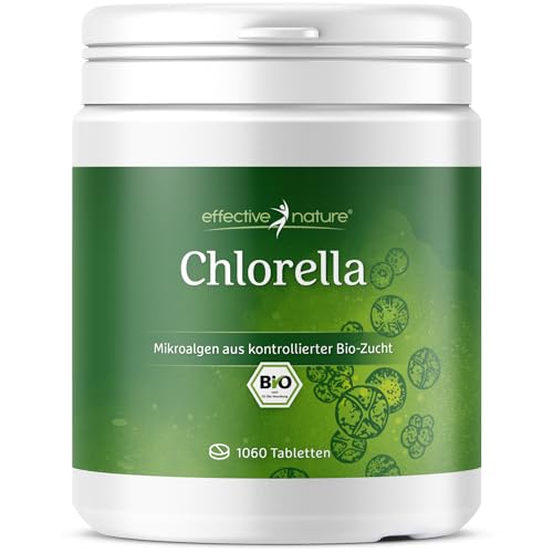 effective nature Bio Chlorella Algen Tabs | 500 mg hochdosiert | 100 % reines, veganes Chlorella Vulgaris Pulver in Bio-Qualität | abgefüllt & kontrolliert in Deutschland (DE-ÖKO-006) | 1060 Presslinge