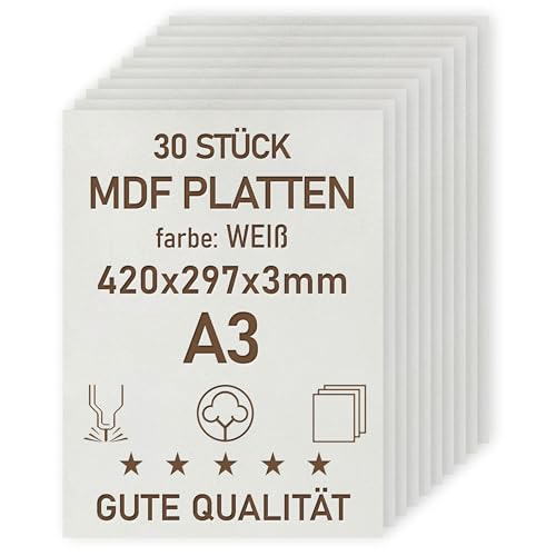 woodmanucom A3 MDF Platten | 420 x 297 x 3 mm | Bastelplatte Dünne Holz-Platten | Perfekt für Laser, CNC Router, Laubsäge, Modellierung (30 Stück weiße)