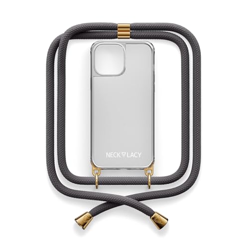 NECKLACY® - Die Premium Handykette für Apple iPhone 15 Pro Max in Stormy Grey | transparente Handyhülle mit hochwertiger Abnehmbarer Kordel zum Umhängen - Smartphone Crossbody