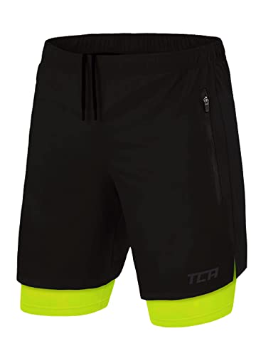 TCA Ultra Laufhose Herren 2 in 1 Kurze Sporthose Trainingsshorts Laufshorts mit integrierter Kompressionshose und Reißverschlussfach - Schwarz/Grün (2X Reißverschlusstasche), XL